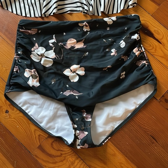 Striped Swim Suit with Floral High Waisted Bottoms - Picture 2 of 7